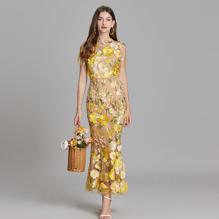 Women's Floral Midi Dress - 3D Applique High Neck Short Sleeve