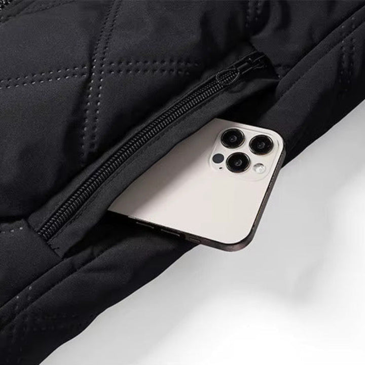Men's Quilted Zip-Up Jacket with Stand Collar - Fleece Lined - Zip Pockets - Winter Style