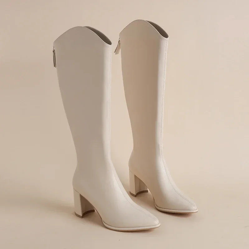 Women’s Pointed Toe Knee-High Boots – Block Heel Tall Silhouette