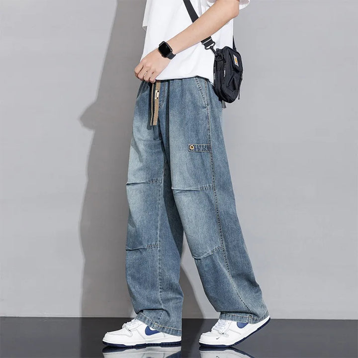 Men's Wide Leg Cargo Pants - Elasticated Waist - Drawstring
