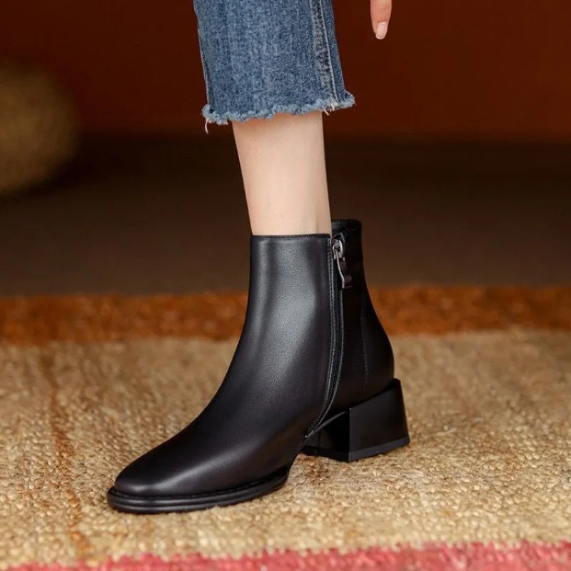 Women’s Ankle Boots – Chunky Block Heel Slip On Boots with Almond Toe