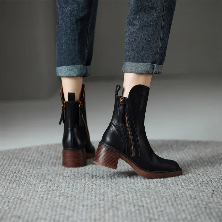 Women's Ankle Boots - Round Toe - Side Zip - Tassel Pull - Stacked Block Heel - Platform Sole