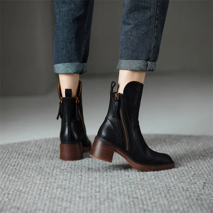 Women's Ankle Boots - Round Toe - Side Zip - Tassel Pull - Stacked Block Heel - Platform Sole
