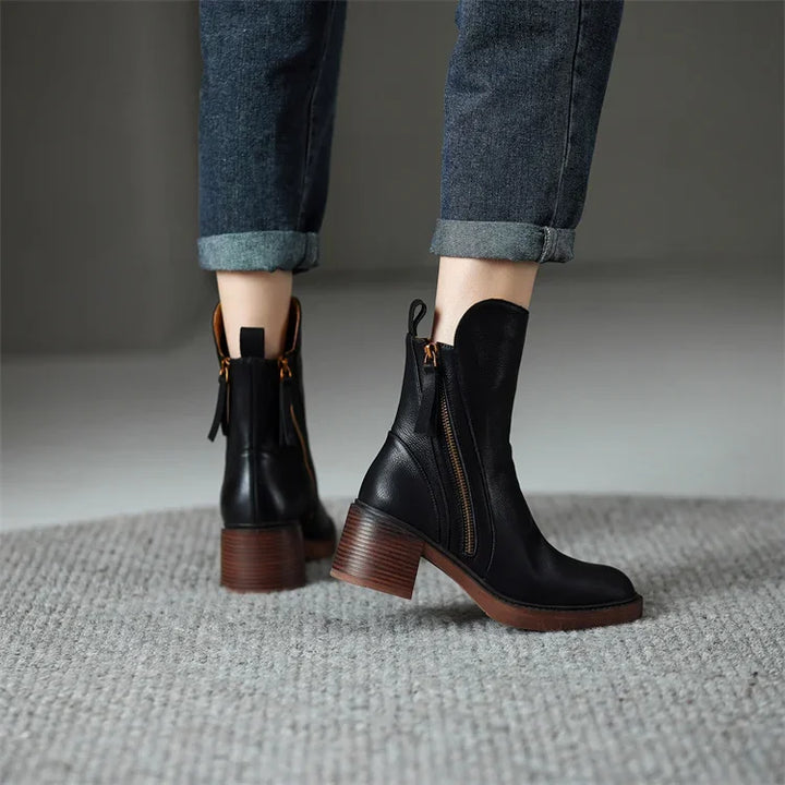Women's Ankle Boots - Round Toe - Side Zip - Tassel Pull - Stacked Block Heel - Platform Sole