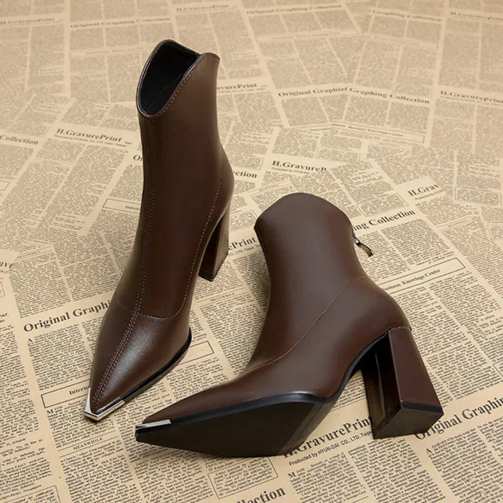 Women’s Pointed Toe Ankle Boots with Side Zip Closure and Block Heel