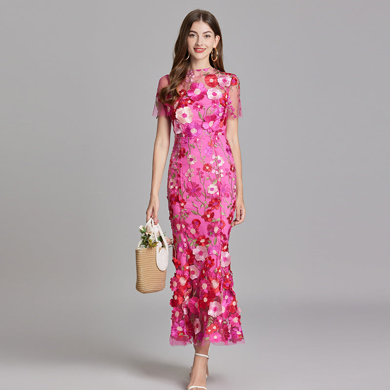 Women's Floral Midi Dress - 3D Applique High Neck Short Sleeve