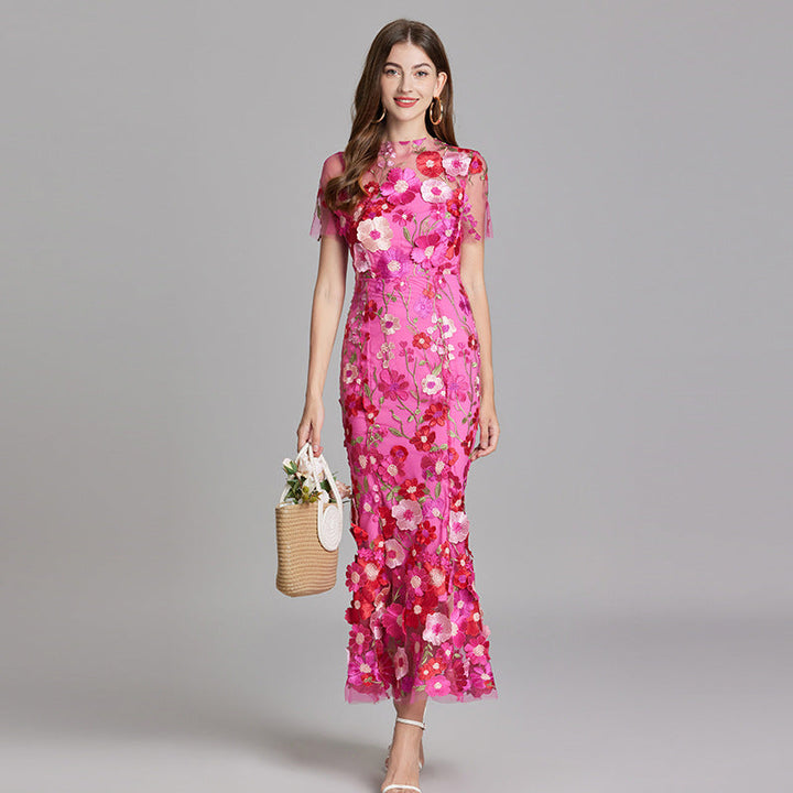 Women's Floral Midi Dress - 3D Applique High Neck Short Sleeve