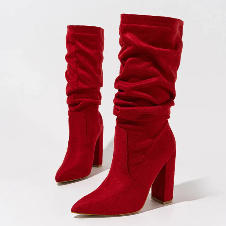 Women’s Knee High Pointed Toe Boots with Chunky Block Heel and Ruched Shaft