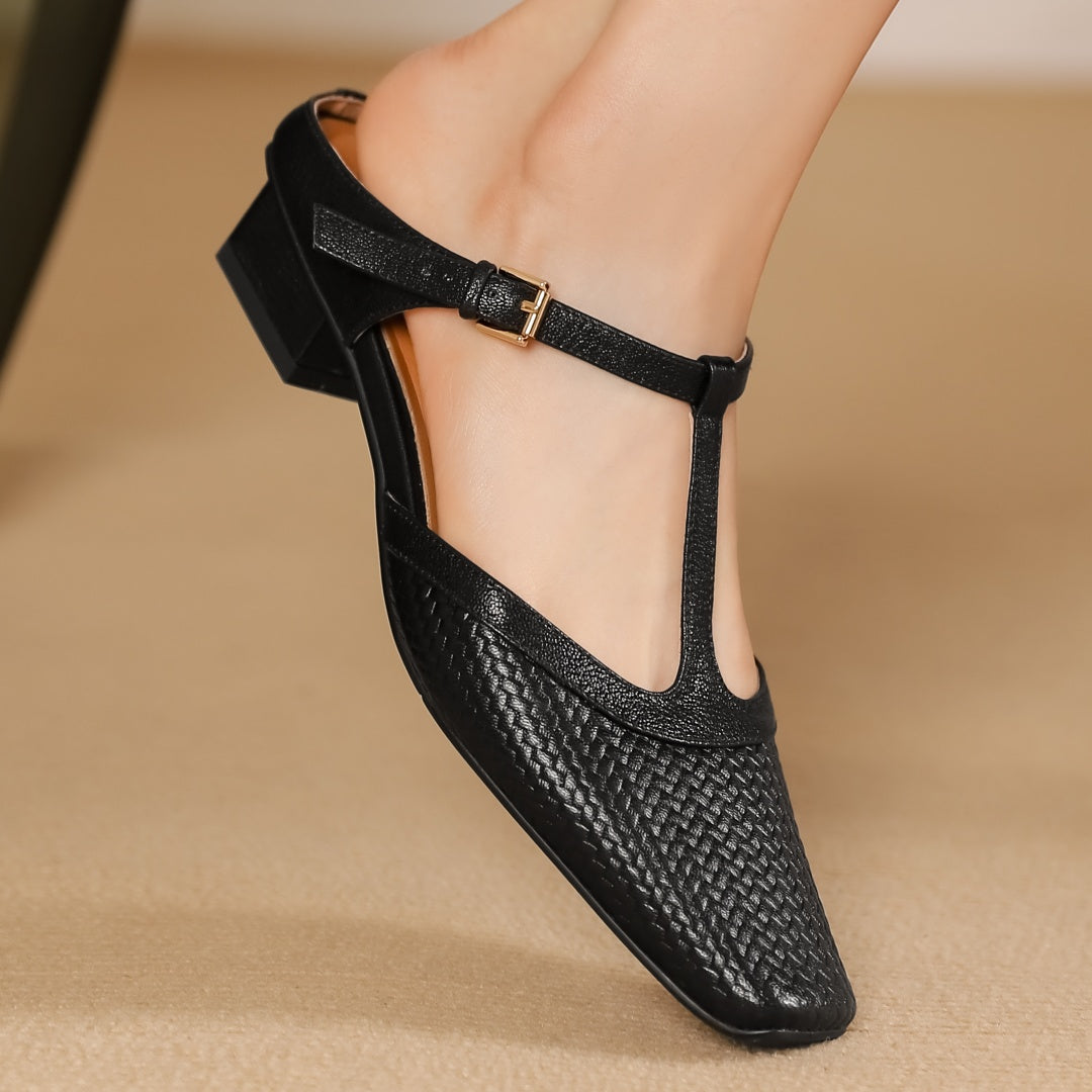 Women’s Square Toe T-Bar Sandals – Textured Upper with Block Heel