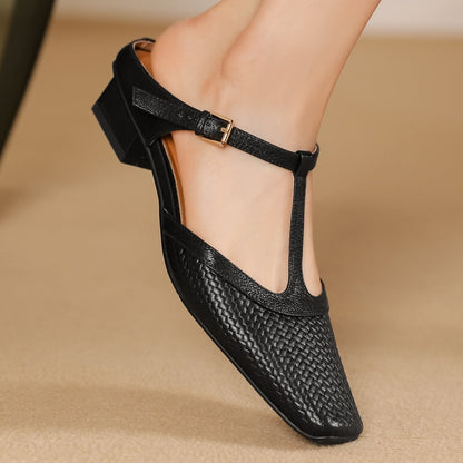 Women’s Square Toe T-Bar Sandals – Textured Upper with Block Heel