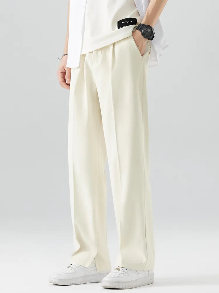 Men's Pleated Wide Leg Pants - Elasticated Waist Straight Cut