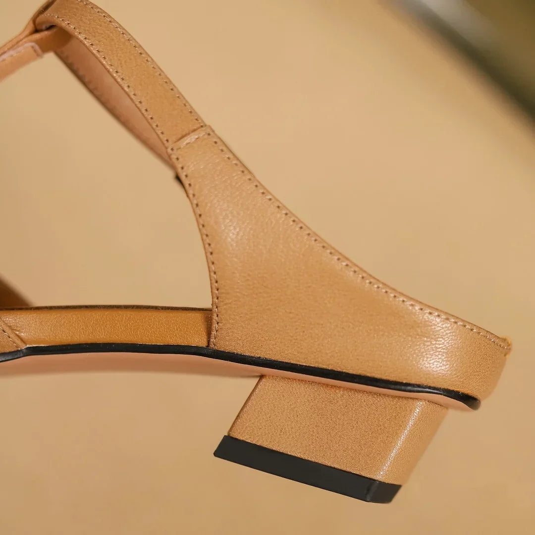 Women’s Square Toe T-Bar Sandals – Textured Upper with Block Heel