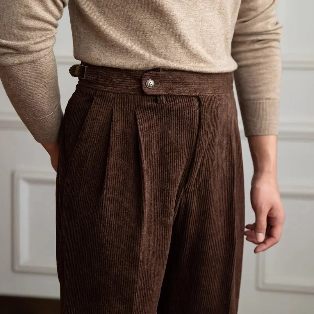 Men's Corduroy Pleated Pants - High Rise - Side Adjusters - Cuffed Hem