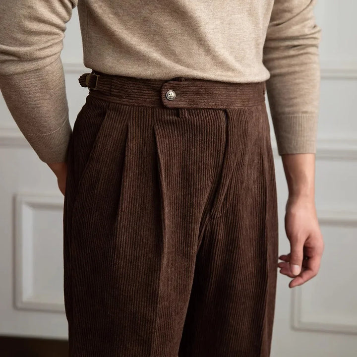 Men's Corduroy Pleated Pants - High Rise - Side Adjusters - Cuffed Hem