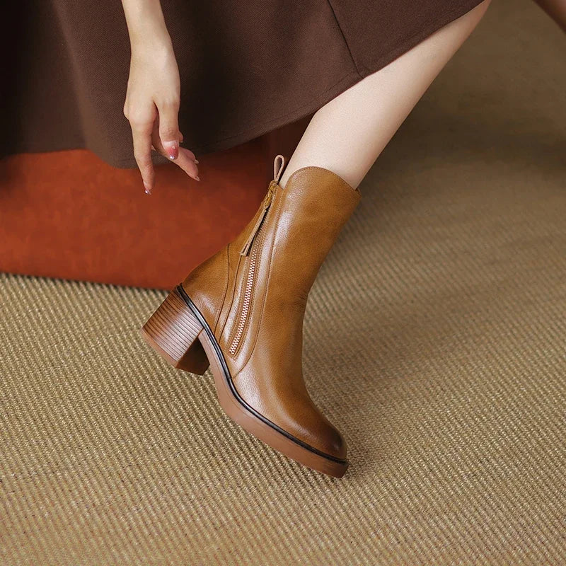 Women's Ankle Boots - Round Toe - Side Zip - Tassel Pull - Stacked Block Heel - Platform Sole