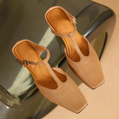Women’s Square Toe T-Bar Sandals – Textured Upper with Block Heel