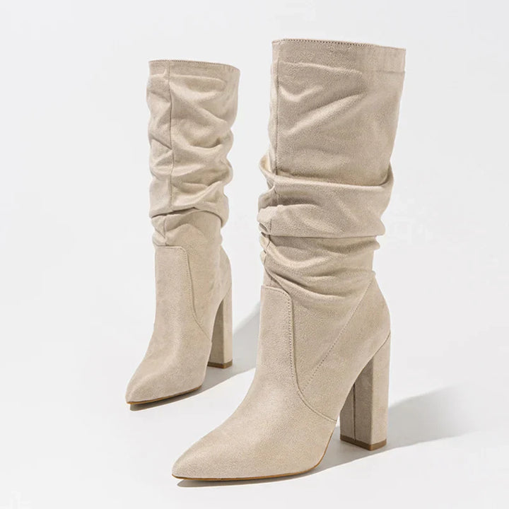 Women’s Knee High Pointed Toe Boots with Chunky Block Heel and Ruched Shaft