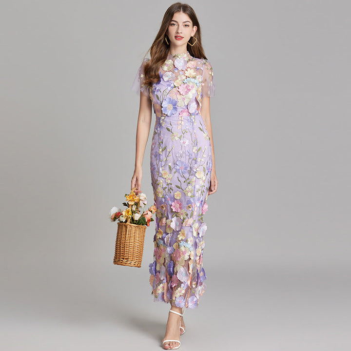 Women's Floral Midi Dress - 3D Applique High Neck Short Sleeve
