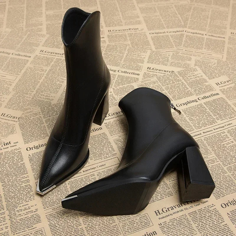 Women’s Pointed Toe Ankle Boots with Side Zip Closure and Block Heel