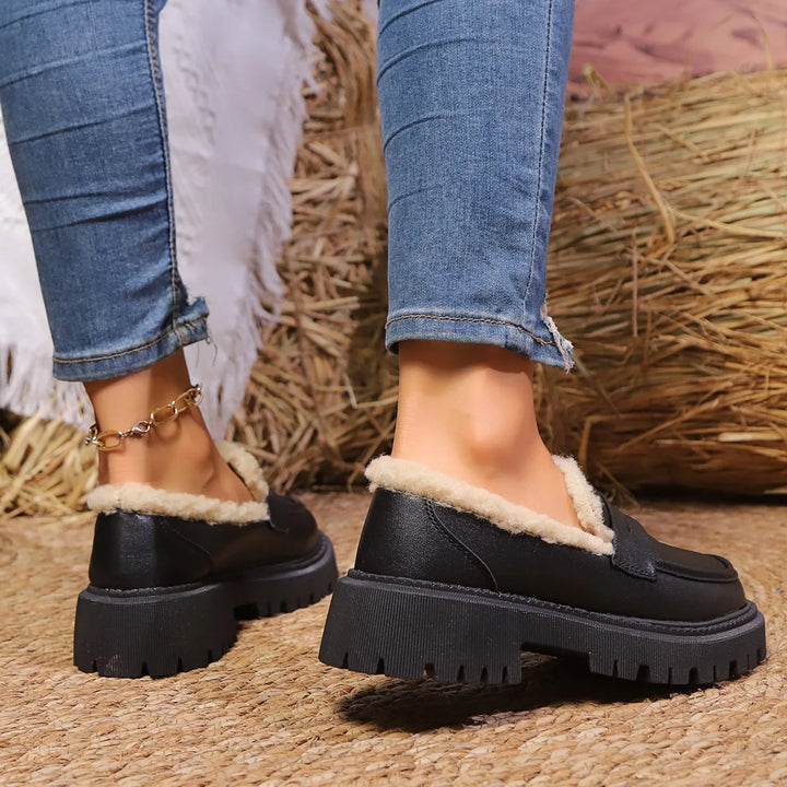 Women’s Platform Loafers – Chunky Sole Slip On Shoes with Chain Detail and Sherpa Lining