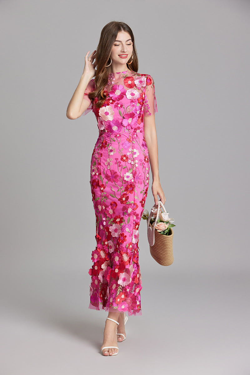 Women's Floral Midi Dress - 3D Applique High Neck Short Sleeve