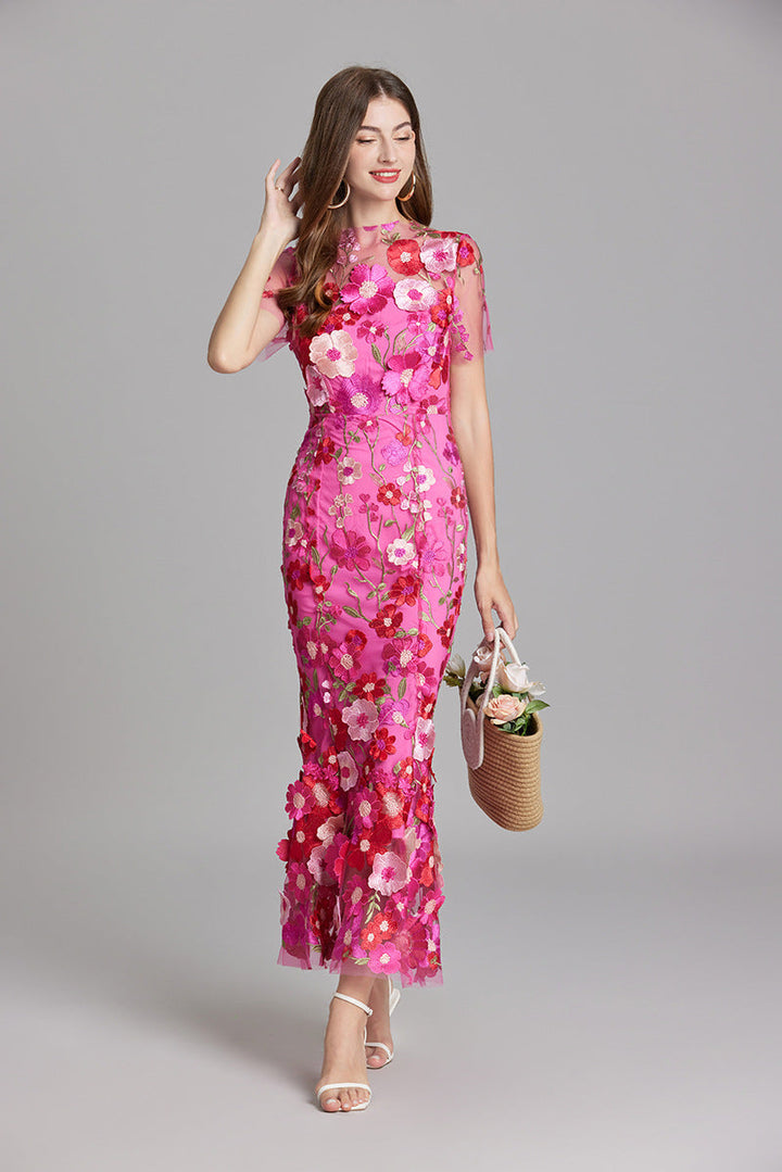 Women's Floral Midi Dress - 3D Applique High Neck Short Sleeve