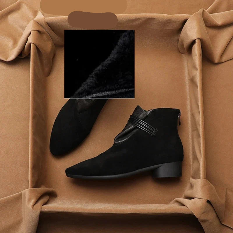 Women’s Faux Suede Ankle Boots with Side Zip Closure and Low Block Heel