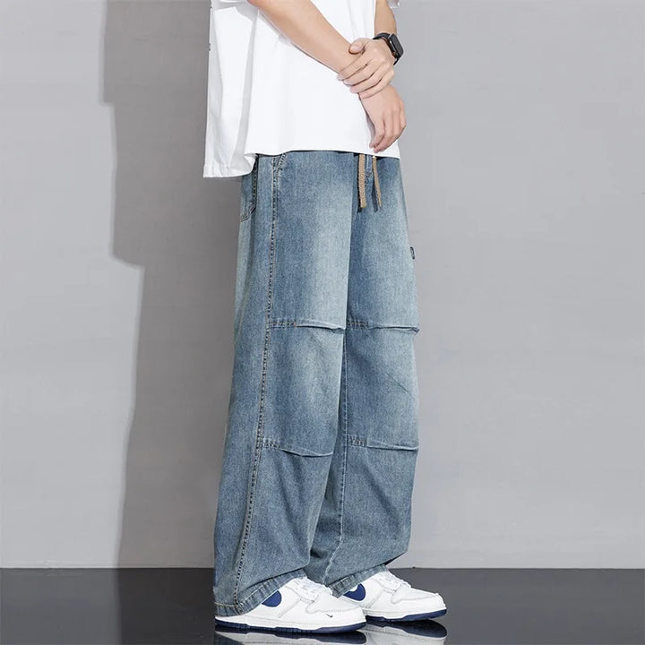 Men's Wide Leg Cargo Pants - Elasticated Waist - Drawstring