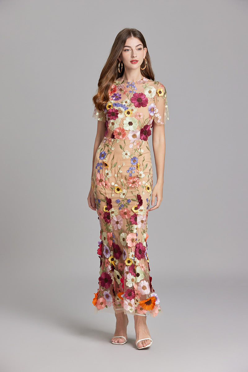 Women's Floral Midi Dress - 3D Applique High Neck Short Sleeve