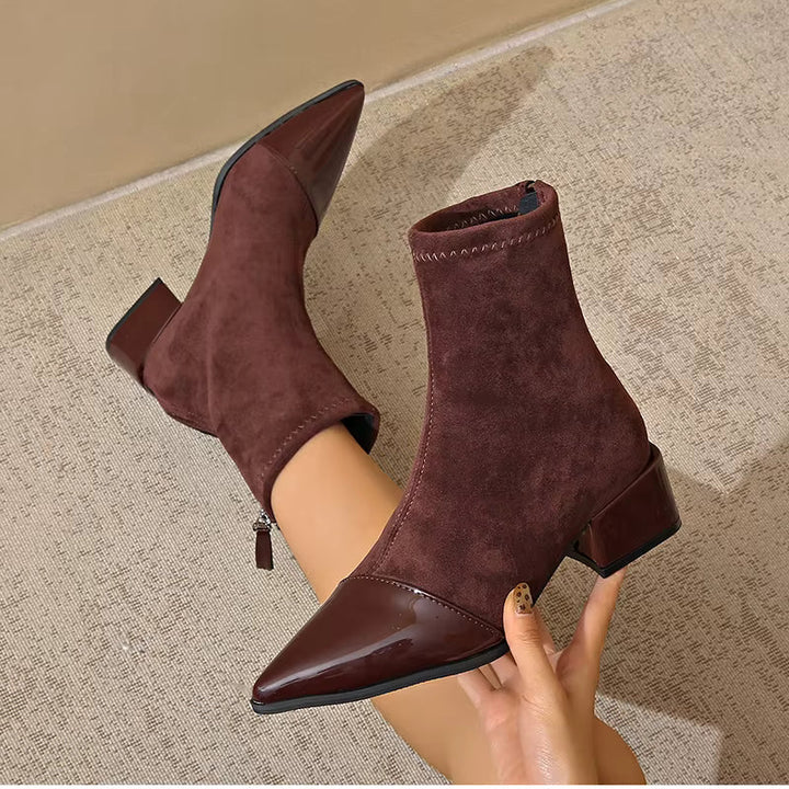 Women's Ankle Boots - Pointed Patent Toe Cap - Block Heel - Back Zip - Stretch Shaft