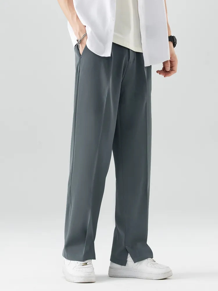 Men's Pleated Wide Leg Pants - Elasticated Waist Straight Cut