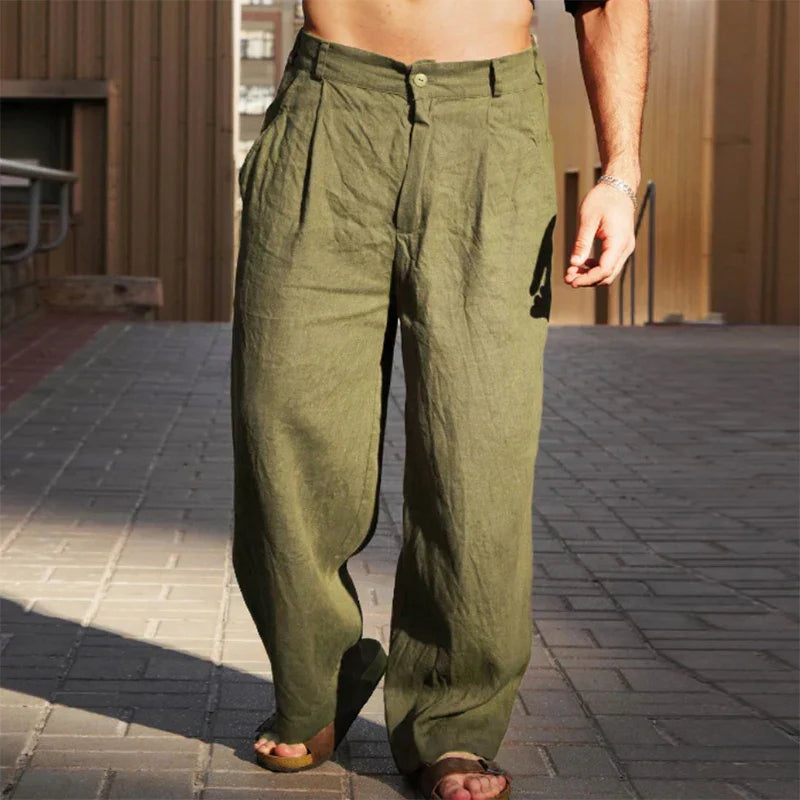 Men's Linen Pants - Pleated Wide Leg Full Length Style