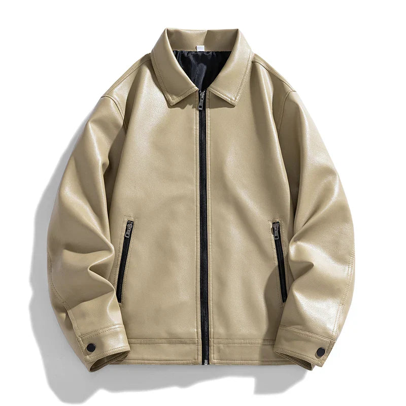 Men’s Faux Leather Collared Zip Jacket – Structured Classic Fit