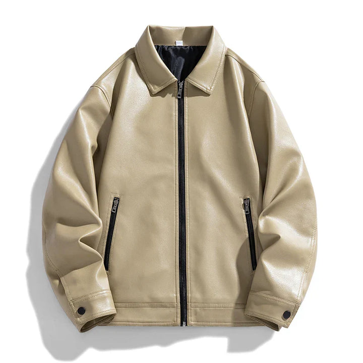 Men’s Faux Leather Collared Zip Jacket – Structured Classic Fit