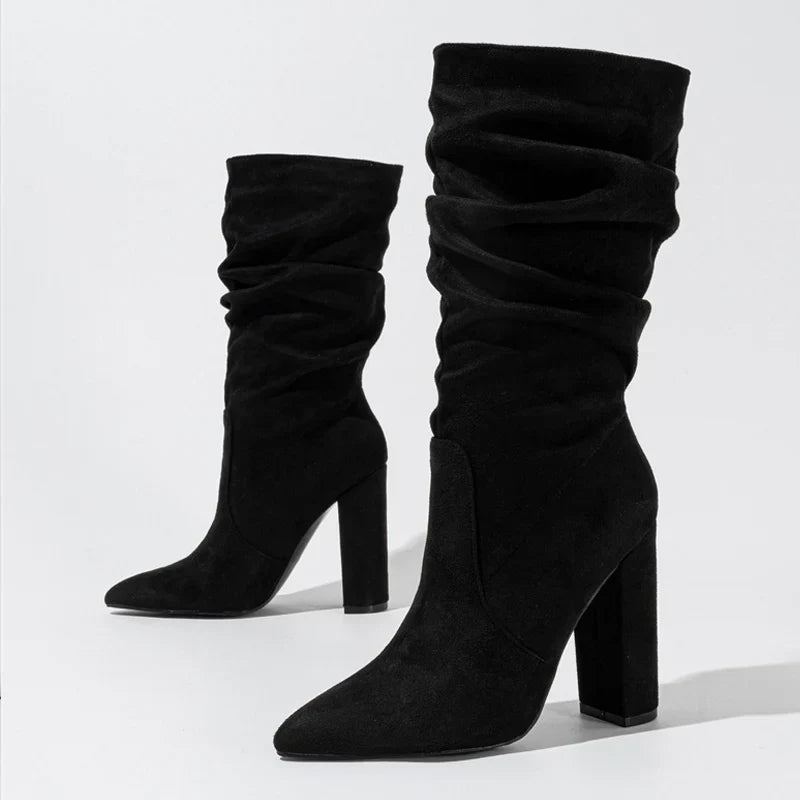 Women’s Knee High Pointed Toe Boots with Chunky Block Heel and Ruched Shaft