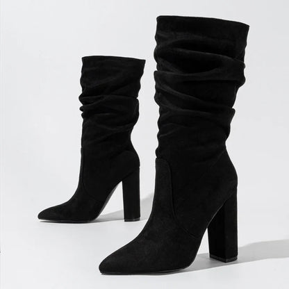 Women’s Knee High Pointed Toe Boots with Chunky Block Heel and Ruched Shaft