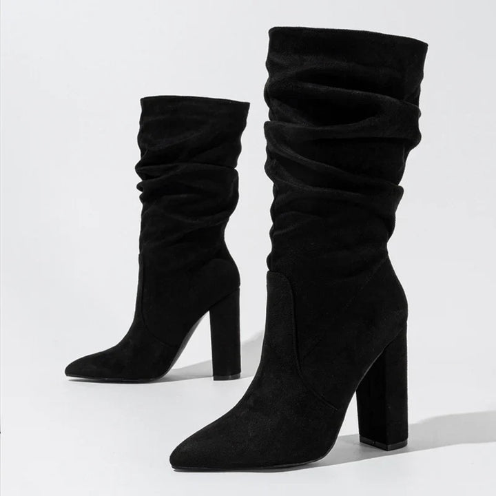 Women’s Knee High Pointed Toe Boots with Chunky Block Heel and Ruched Shaft