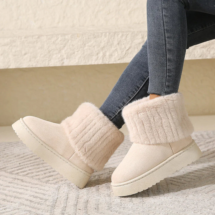 Women’s Faux Fur Ankle Boots with Round Toe and Thick Platform Sole