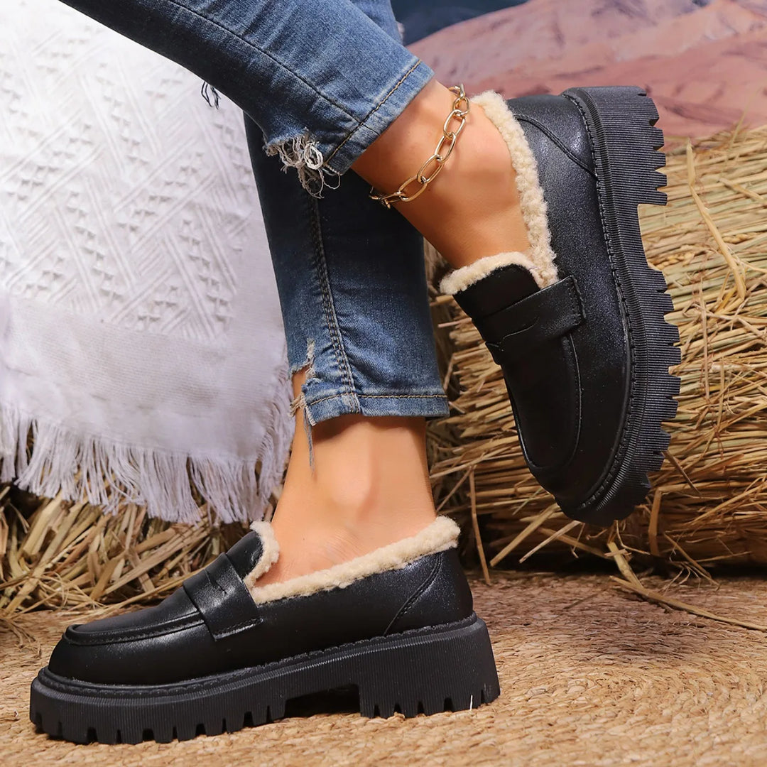 Women’s Platform Loafers – Chunky Sole Slip On Shoes with Chain Detail and Sherpa Lining