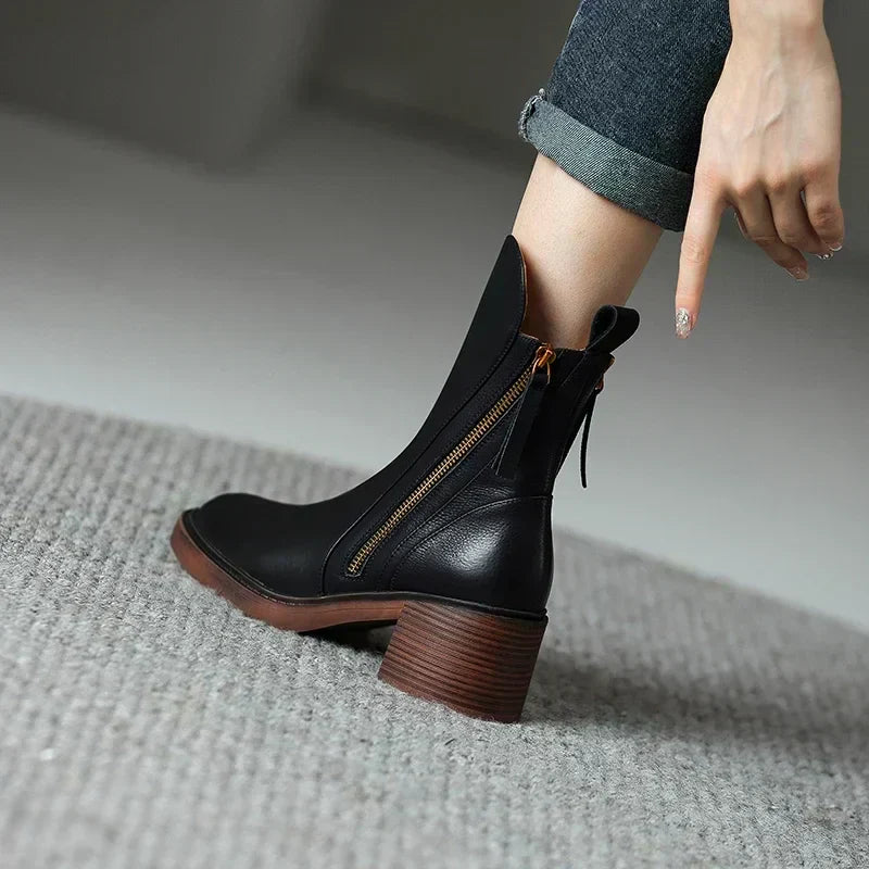 Women's Ankle Boots - Round Toe - Side Zip - Tassel Pull - Stacked Block Heel - Platform Sole