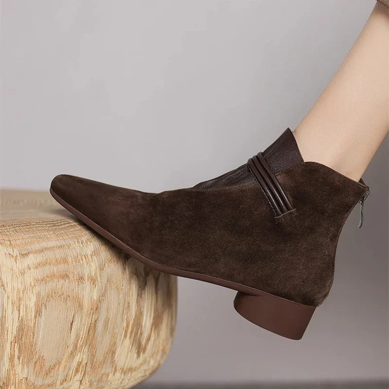 Women’s Faux Suede Ankle Boots with Side Zip Closure and Low Block Heel