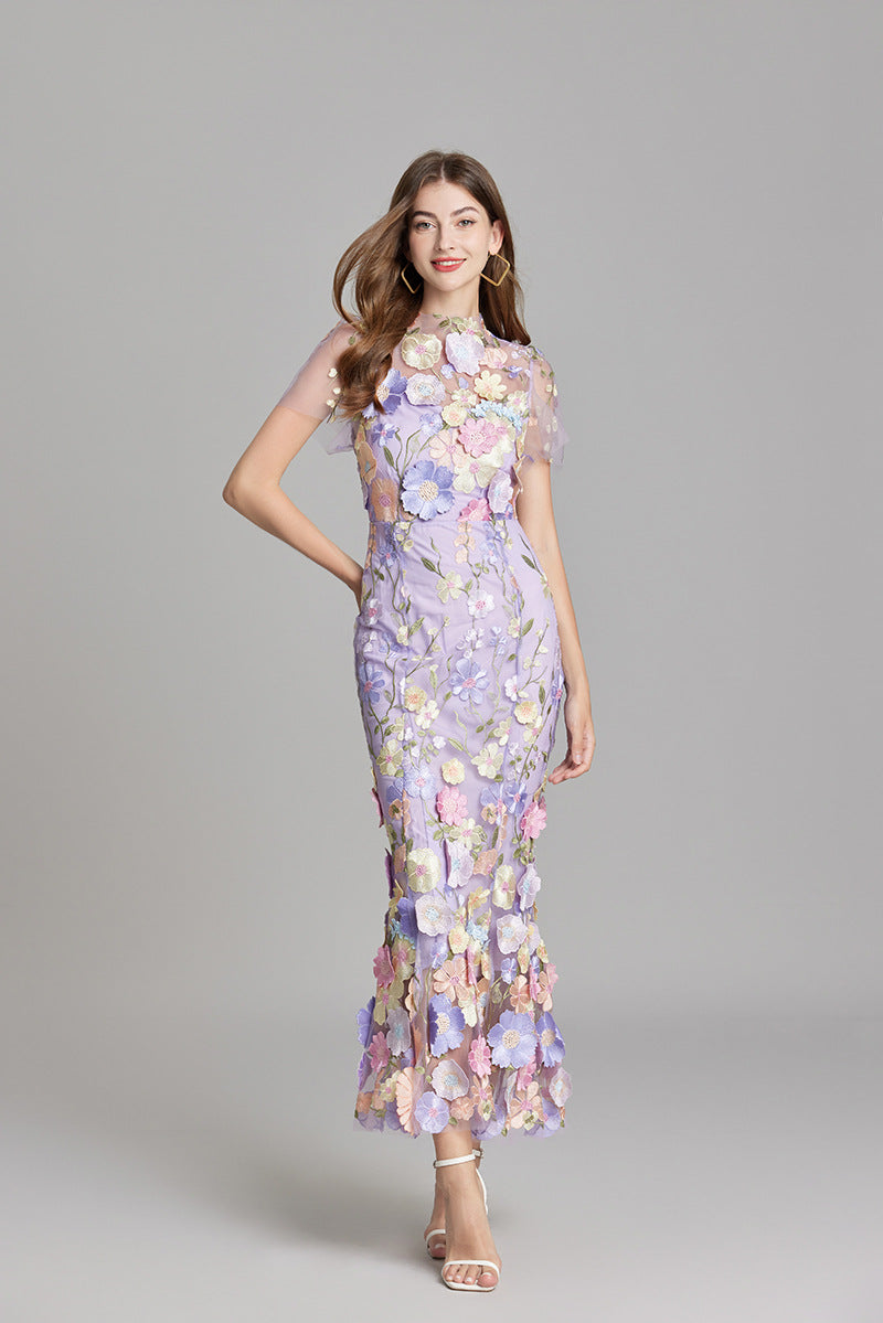 Women's Floral Midi Dress - 3D Applique High Neck Short Sleeve