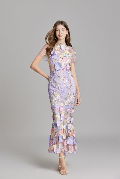 Women's Floral Midi Dress - 3D Applique High Neck Short Sleeve