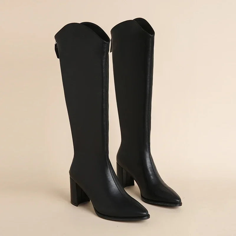 Women’s Pointed Toe Knee-High Boots – Block Heel Tall Silhouette