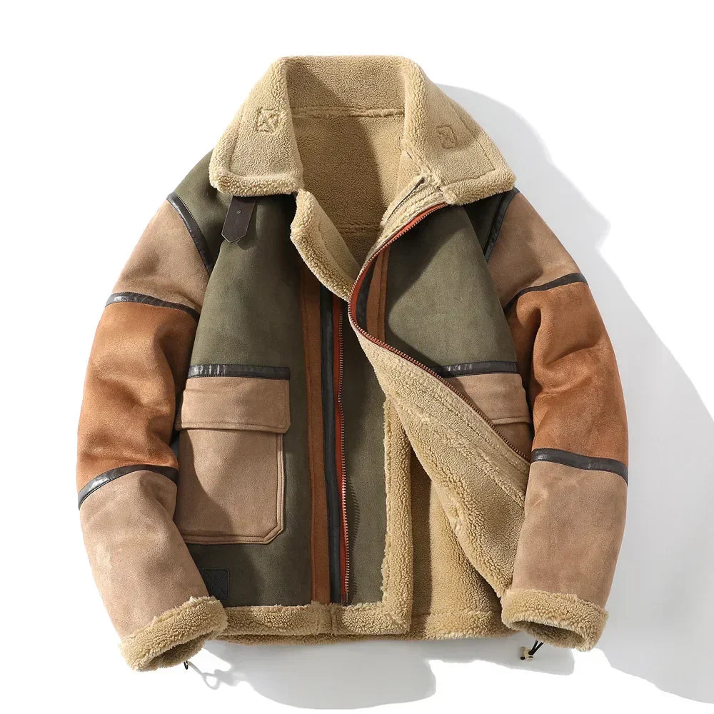 Men’s Shearling Jacket – Relaxed Fit Color Block Zip Front Coat with Patch Pockets