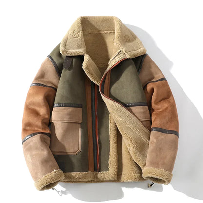 Men’s Shearling Jacket – Relaxed Fit Color Block Zip Front Coat with Patch Pockets
