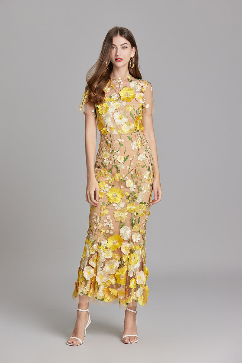 Women's Floral Midi Dress - 3D Applique High Neck Short Sleeve