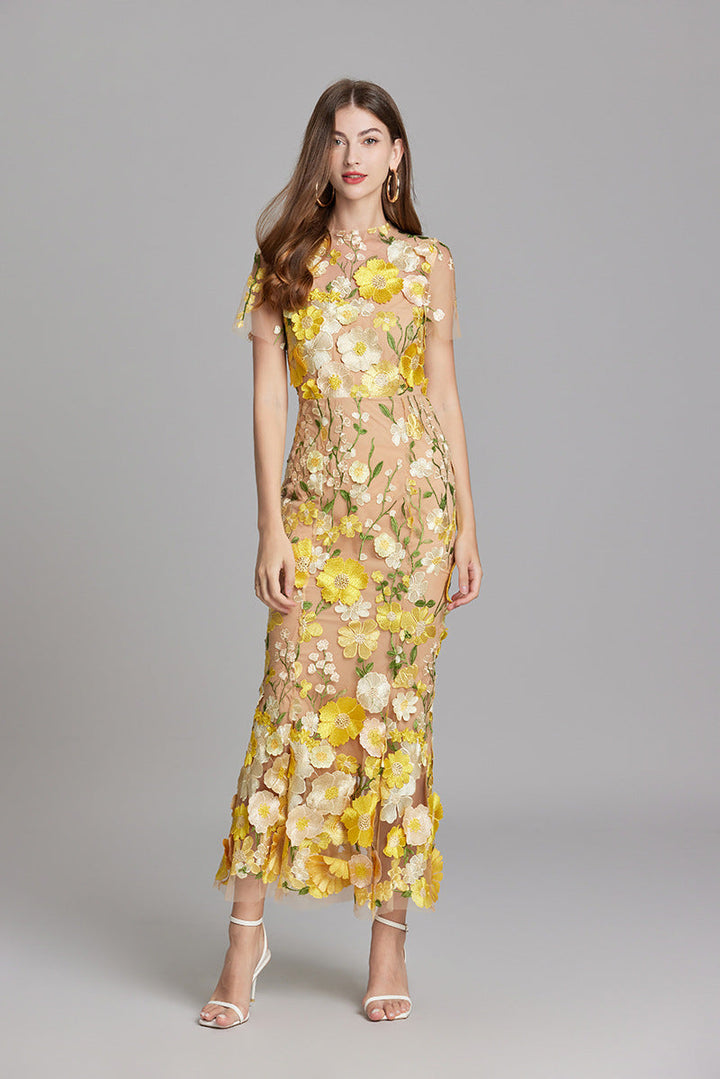 Women's Floral Midi Dress - 3D Applique High Neck Short Sleeve