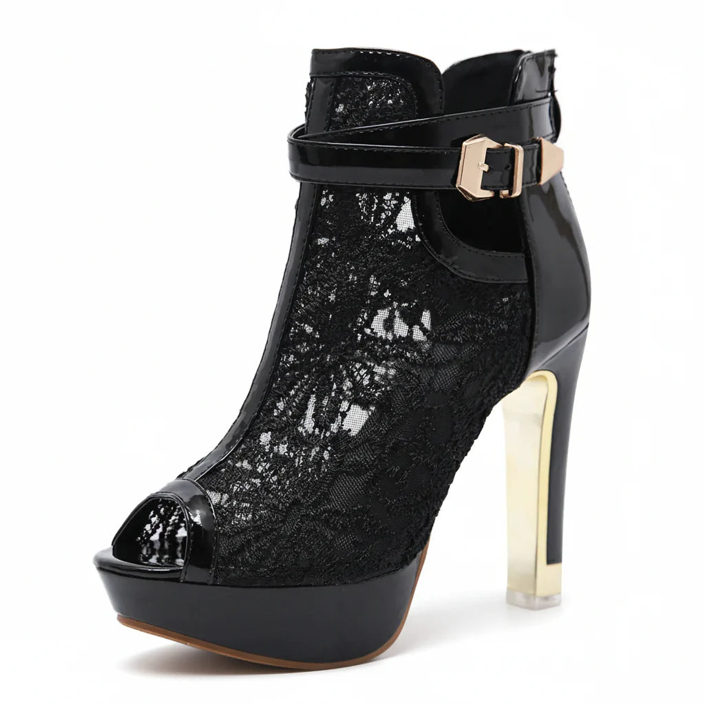 Women’s Lace Mesh Platform Heels with Peep Toe and Ankle Strap Buckle