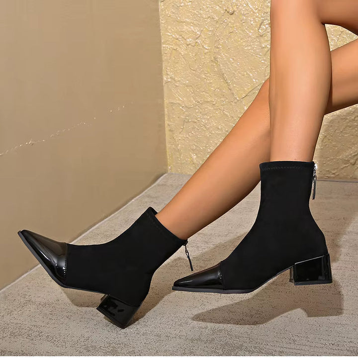 Women's Ankle Boots - Pointed Patent Toe Cap - Block Heel - Back Zip - Stretch Shaft